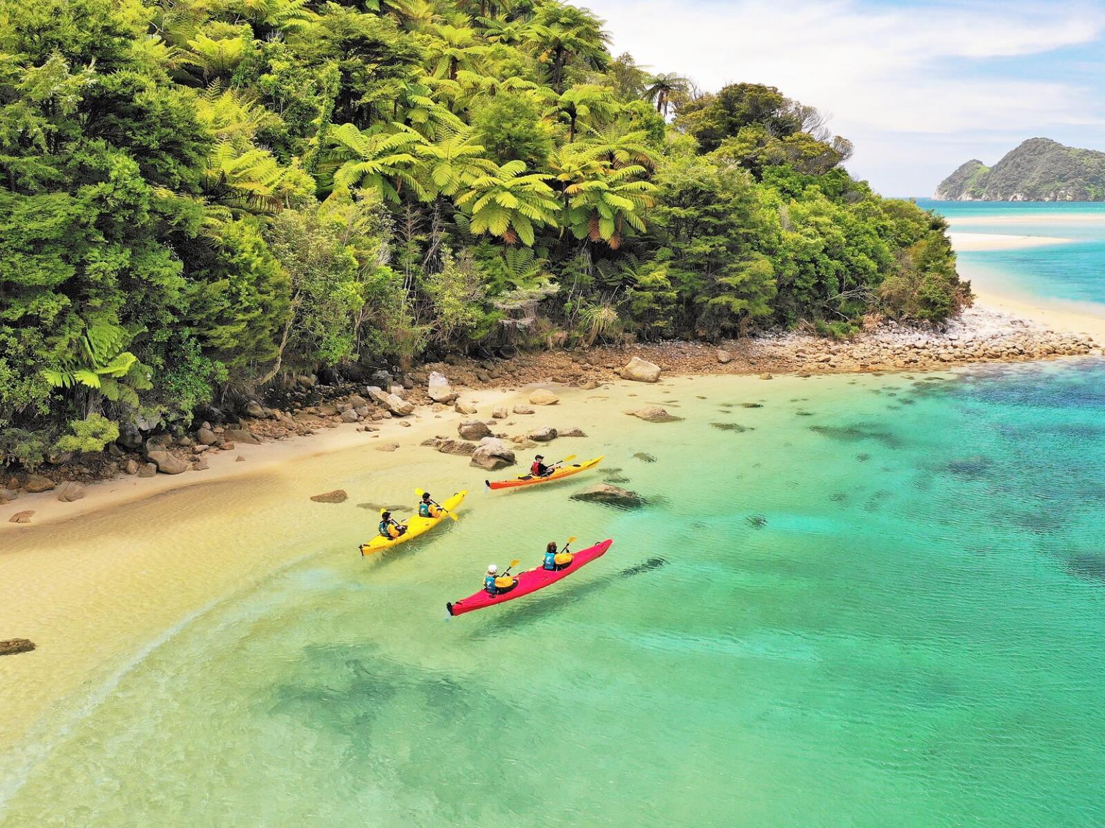 Sea kayakers on Abel Tasman coastline